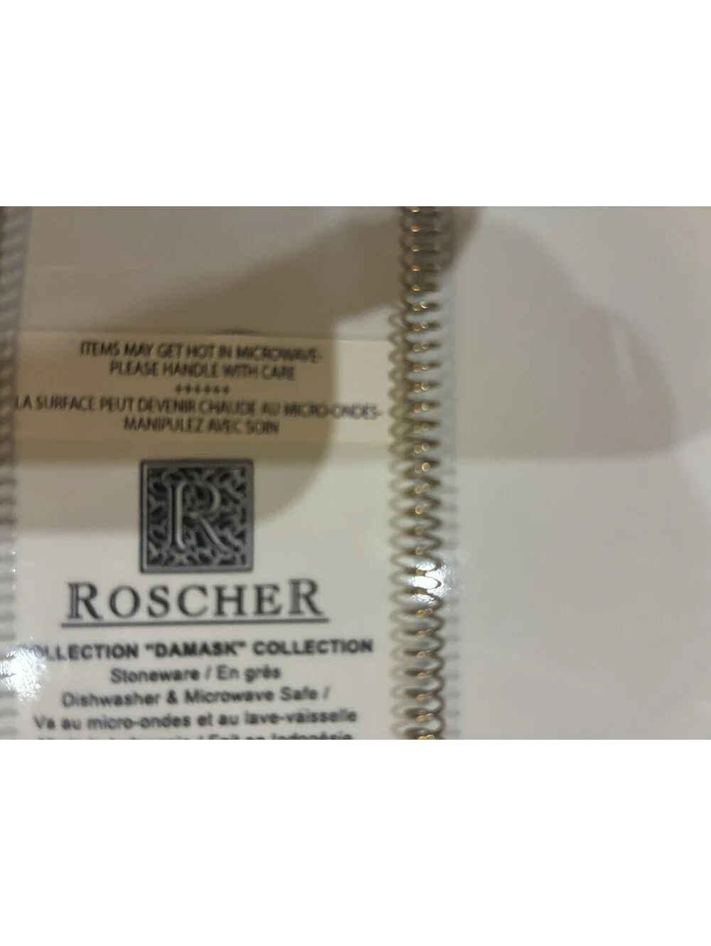 Roscher Damask Collection Stoneware Plates Set of 3, Black/White, MW/DS Safe